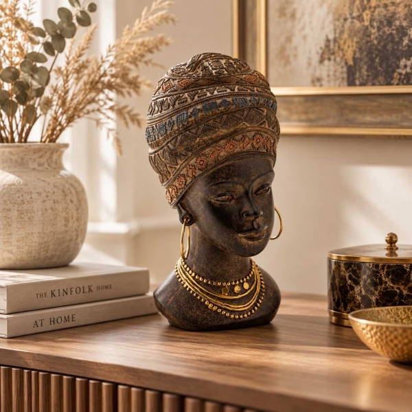 Africká elegance – dekorativní busta ženy s turbanem 19,5 cm