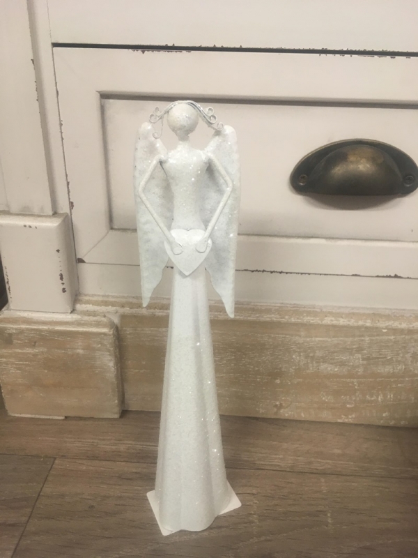 Anděl kovový se srdcem bílý třpytivý 25cm