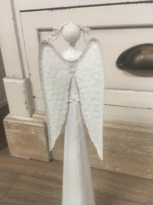 Anděl kovový se srdcem bílý třpytivý 25cm