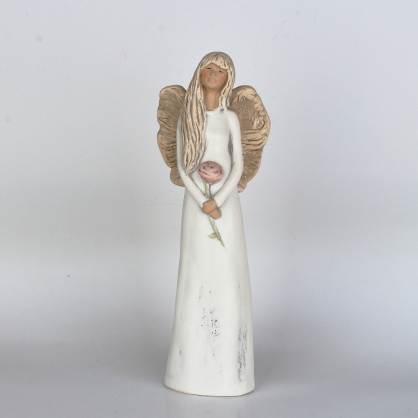 Anděl víla stojící s růží 31cm