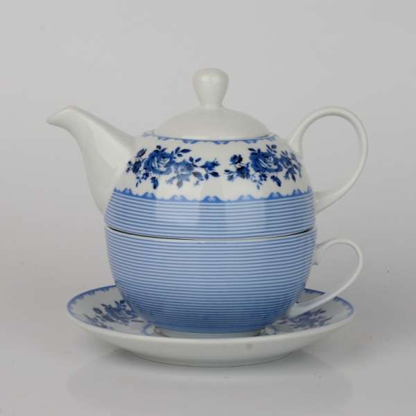 Čajový set konvička a hrneček modré květy/ pruh