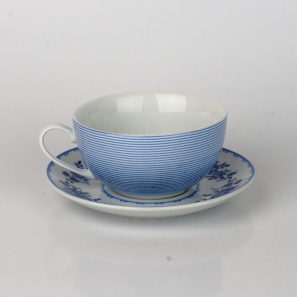 Čajový set konvička a hrneček modré květy/ pruh