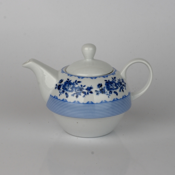 Čajový set konvička a hrneček modré květy/ pruh