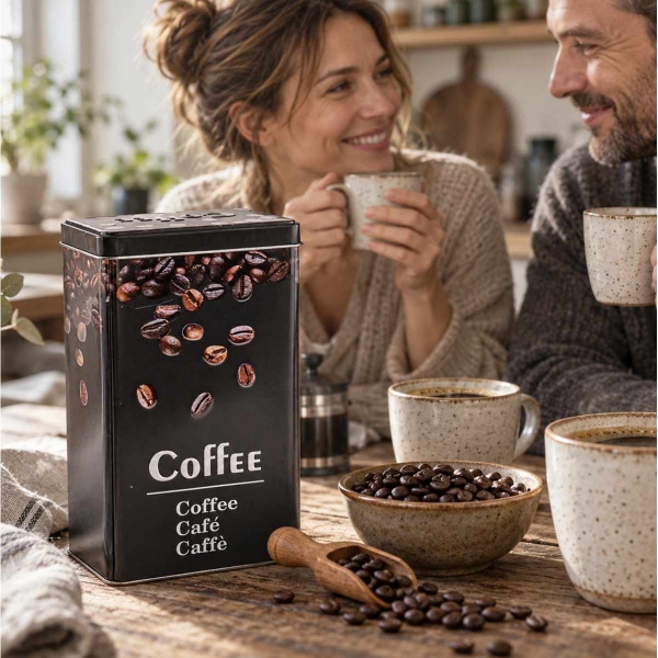 Černá plechová dóza na kávu COFFEE – 16 × 9 × 6 cm