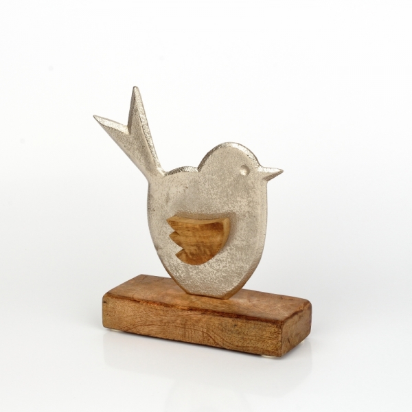 Dekorace do bytu ptáček hliník dřevo 16cm