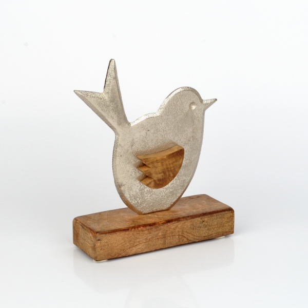 Dekorace do bytu ptáček hliník dřevo 16cm