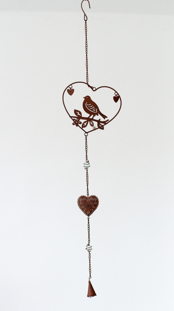 Dekorace do zahrady závěs s ptáčkem 82cm srdce