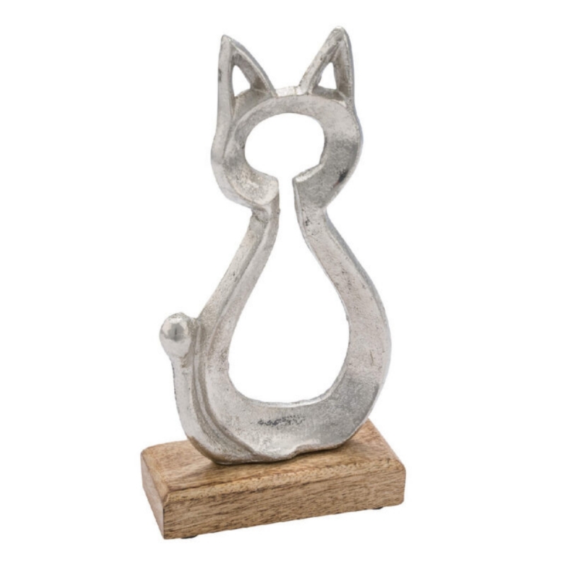 Dekorace kovová kočka na dřevěném podstavci 23 x 13 x 5 cm