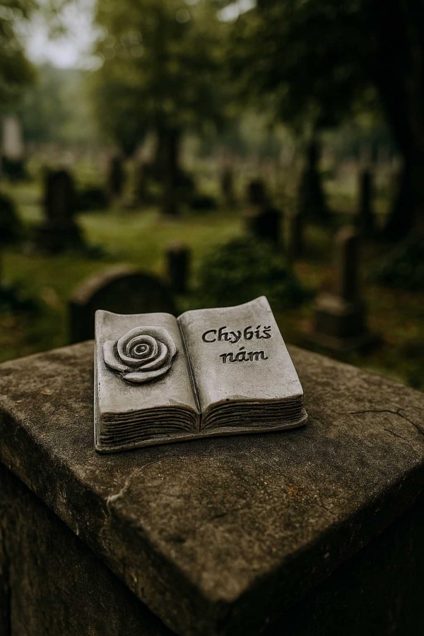 Dekorace na hrob – otevřená kniha s růží a nápisem Chybíš nám