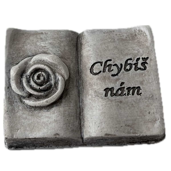 Dekorace na hrob – otevřená kniha s růží a nápisem Chybíš nám