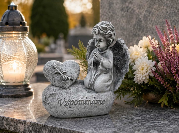 Dekorace na hrob – pietní anděl se srdcem „Vzpomínáme“ 12,5 cm