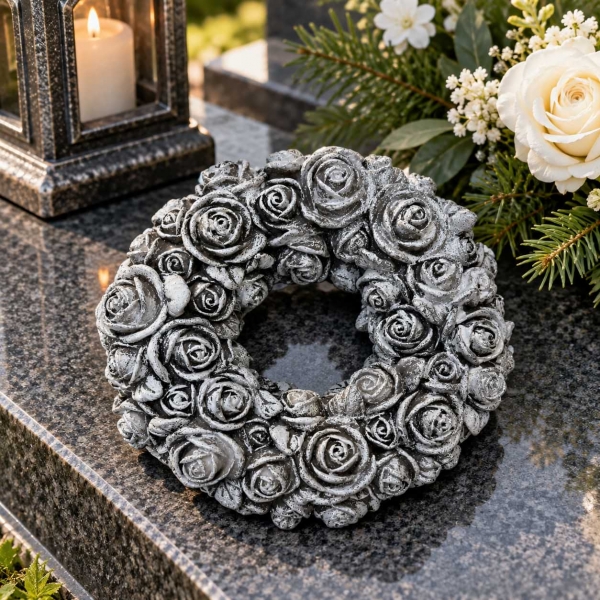 Dekorace na hrob – pietní věnec z růží, šedý 15cm