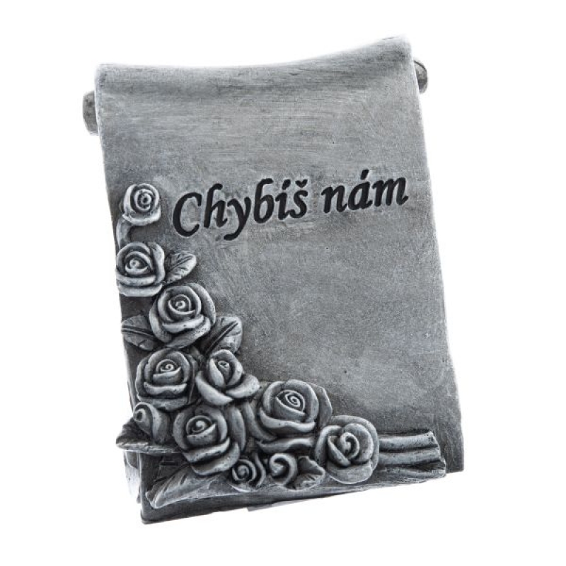 Dekorace na hrob – svitek „Chybíš nám“ s růžemi 9 cm