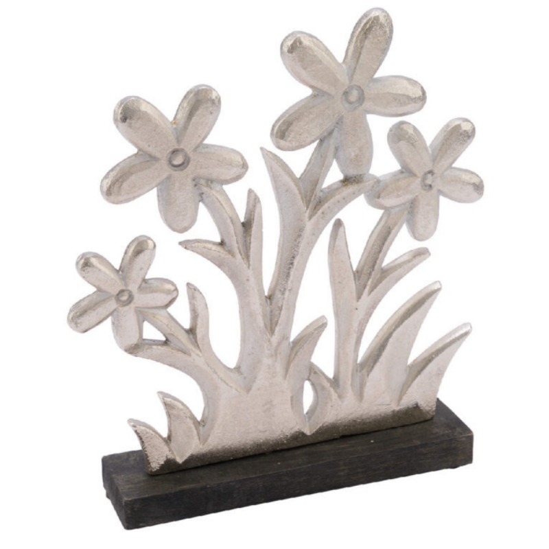 Dekorace na podstavci s květinami v trávě 14 x 5 x 16 cm stříbrná