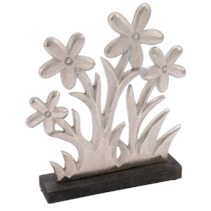 Dekorace na podstavci s květinami v trávě 14 x 5 x 16 cm stříbrná