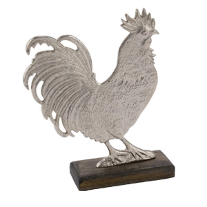 Dekorace na podstavci stříbrný kohout 15,3 x 5 x 16,5 cm větší