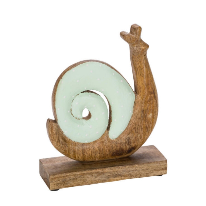 Dekorace šnek stojící mátový 22 x 20 x 2,5 cm dřevo