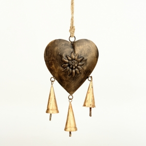 Dekorace srdce se třemi zvonky 35/22cm