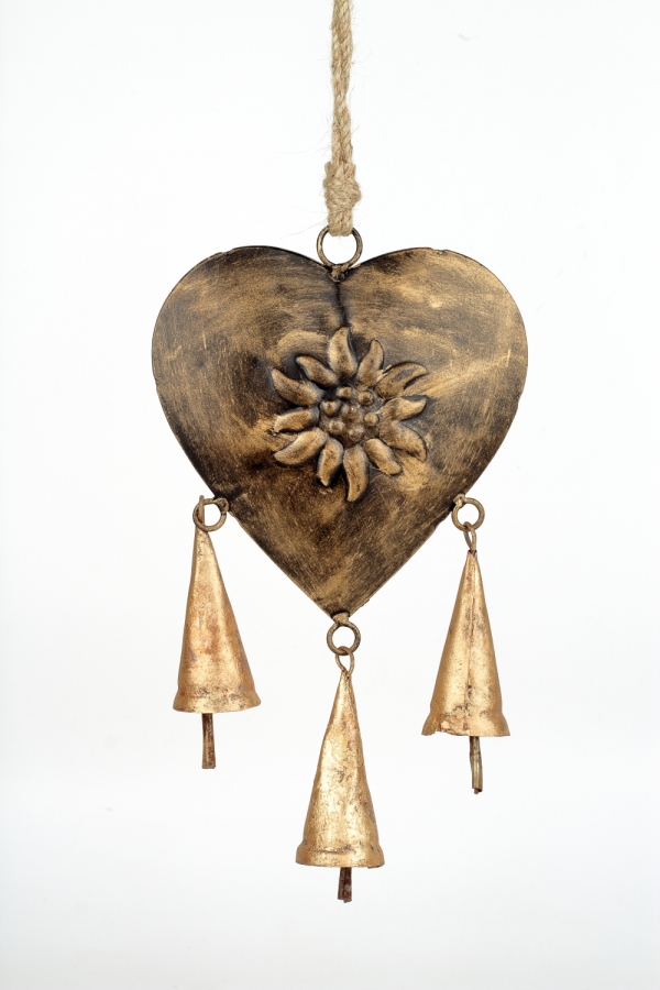 Dekorace srdce se třemi zvonky 35/22cm