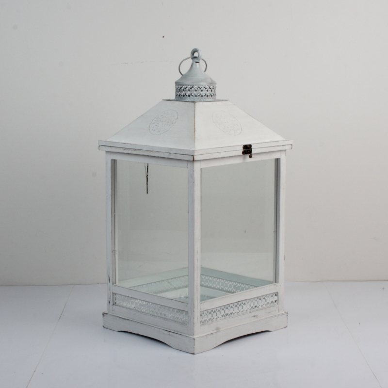 Dřevěná bílá lucerna s patinou 65cm