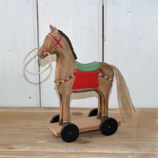 Dřevěná dekorace koník na kolečkách 25cm