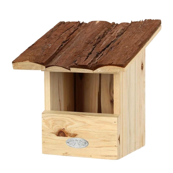 Dřevěná hnízdní budka pro červenky s kůrovou střechou 24,3 cm