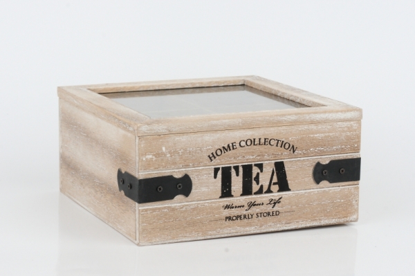 Dřevěná krabička na čaj s kováním 18x18x9cm