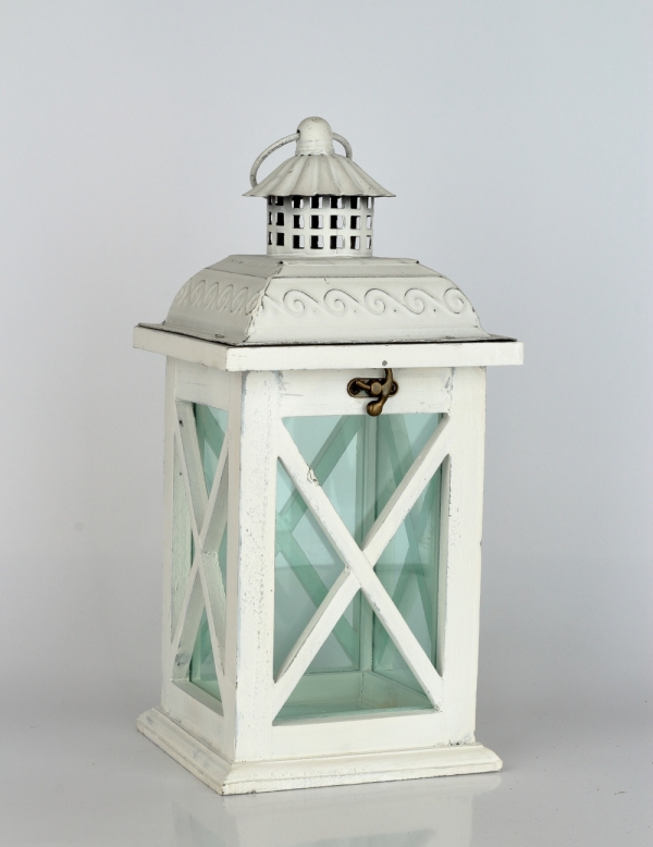 Dřevěná lucerna bílá s kovovou stříškou 15,5x15,5x35,5cm 