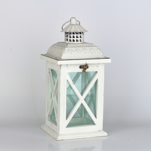 Dřevěná lucerna bílá s kovovou stříškou 15,5x15,5x35,5cm 