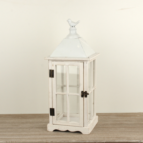 Dřevěná lucerna bílá s ptáčkem 48cm