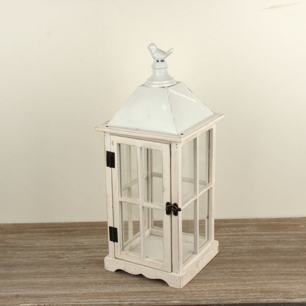 Dřevěná lucerna bílá s ptáčkem 48cm