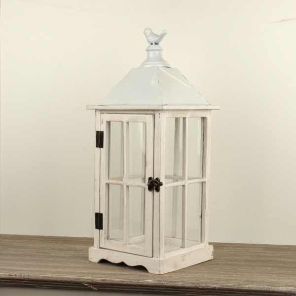 Dřevěná lucerna bílá s ptáčkem 48cm