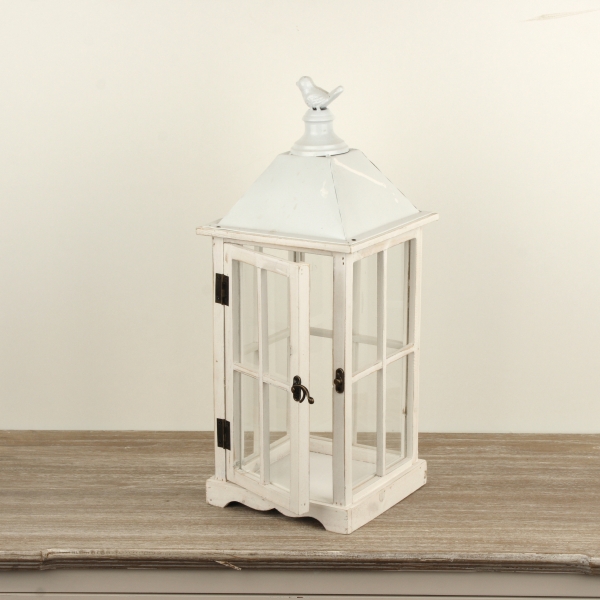 Dřevěná lucerna bílá s ptáčkem 48cm