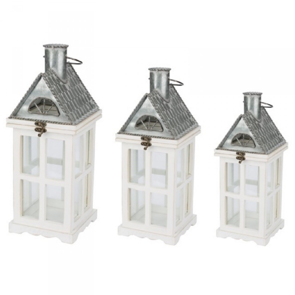 Dřevěná lucerna bílý domeček 45cm