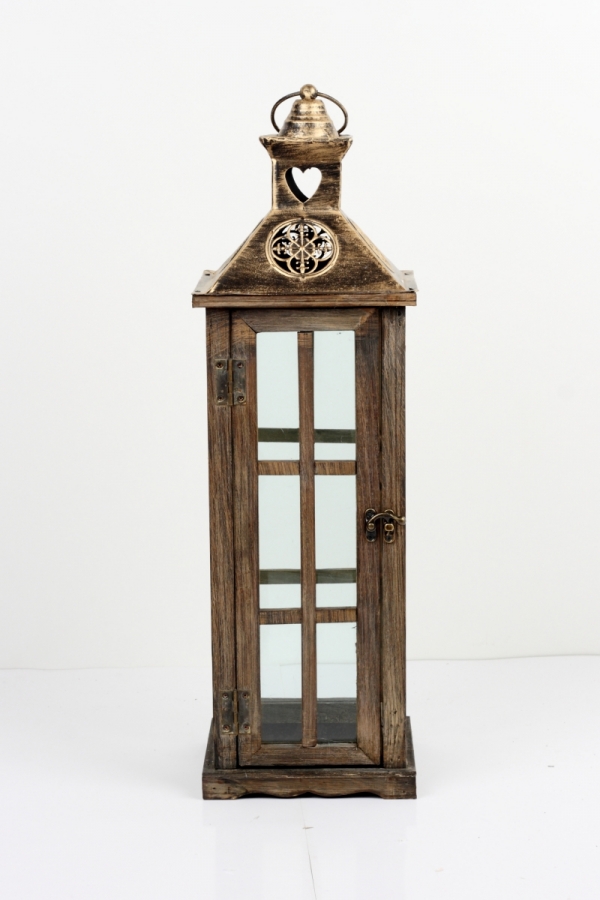 Dřevěná lucerna s kovovou zlatou střechou 60cm