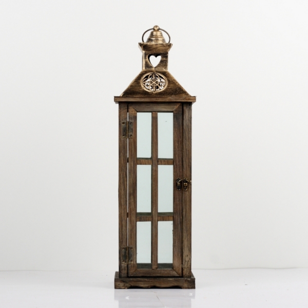 Dřevěná lucerna s kovovou zlatou střechou 60cm