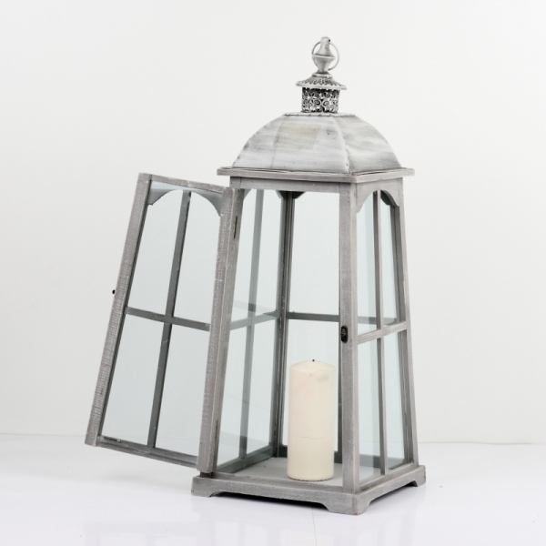 Dřevěná lucerna s šedou patinou 52cm