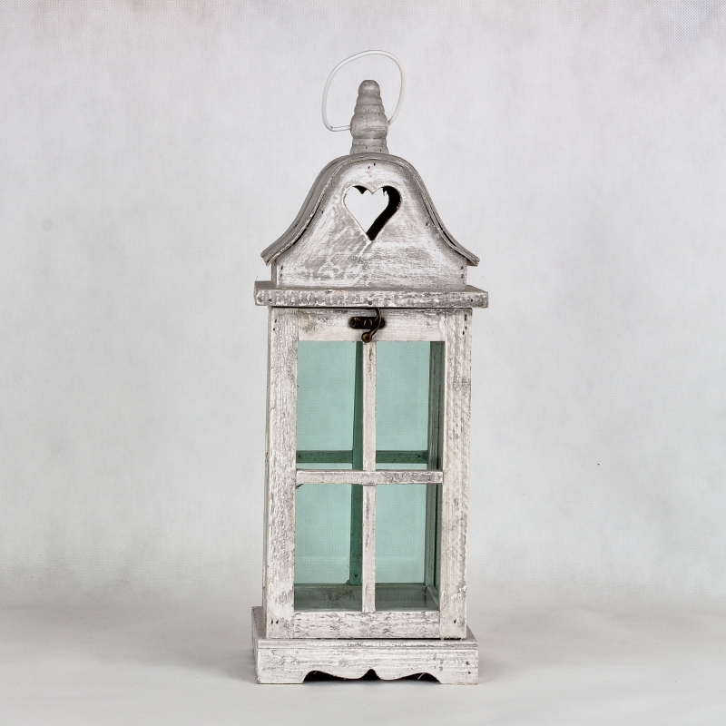 Dřevěná lucerna se srdcem šedá 17x17x45cm