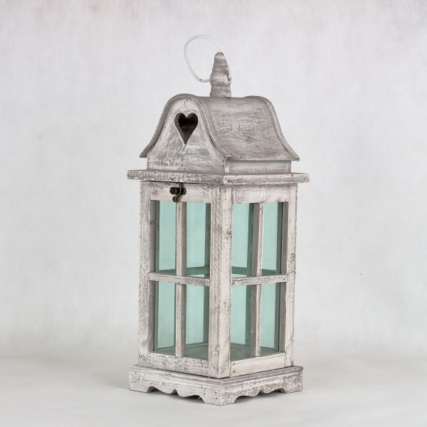 Dřevěná lucerna se srdcem šedá 17x17x45cm