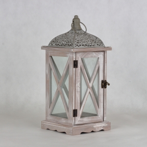 Dřevěná lucerna šedobílá s patinou 16,5x16,5x38cm