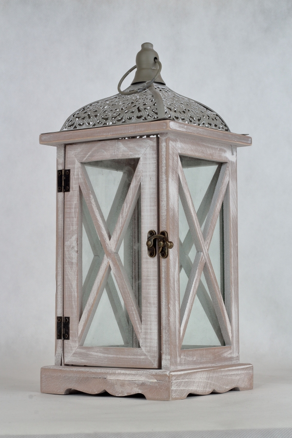Dřevěná lucerna šedobílá s patinou 16,5x16,5x38cm