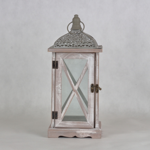 Dřevěná lucerna šedobílá s patinou 16,5x16,5x38cm