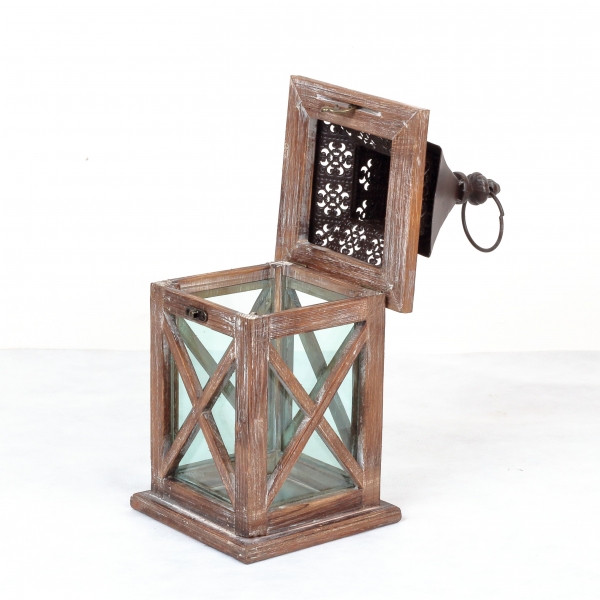 Dřevěná lucerna tmavá s kovovou stříškou 36cm