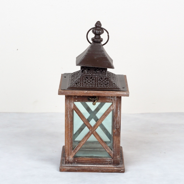 Dřevěná lucerna tmavá s kovovou stříškou 36cm