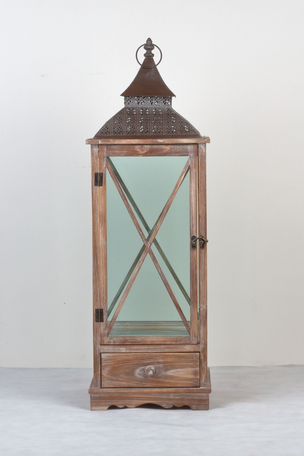 Dřevěná lucerna tmavá s kovovou stříškou 95cm