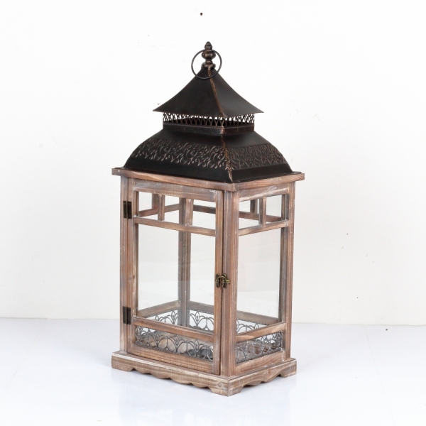 Dřevěná lucerna tmavě hnědá s kovovu stříškou 66cm