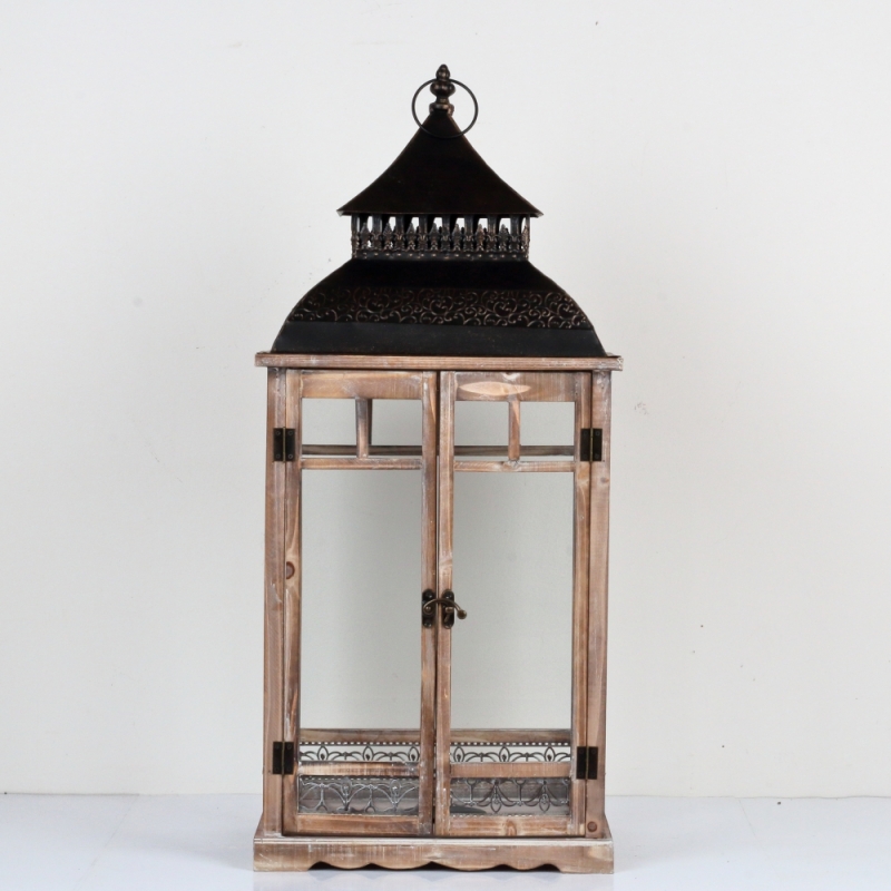 Dřevěná lucerna tmavě hnědá s kovovu stříškou 86cm