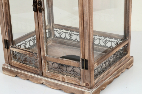 Dřevěná lucerna tmavě hnědá s kovovu stříškou 86cm