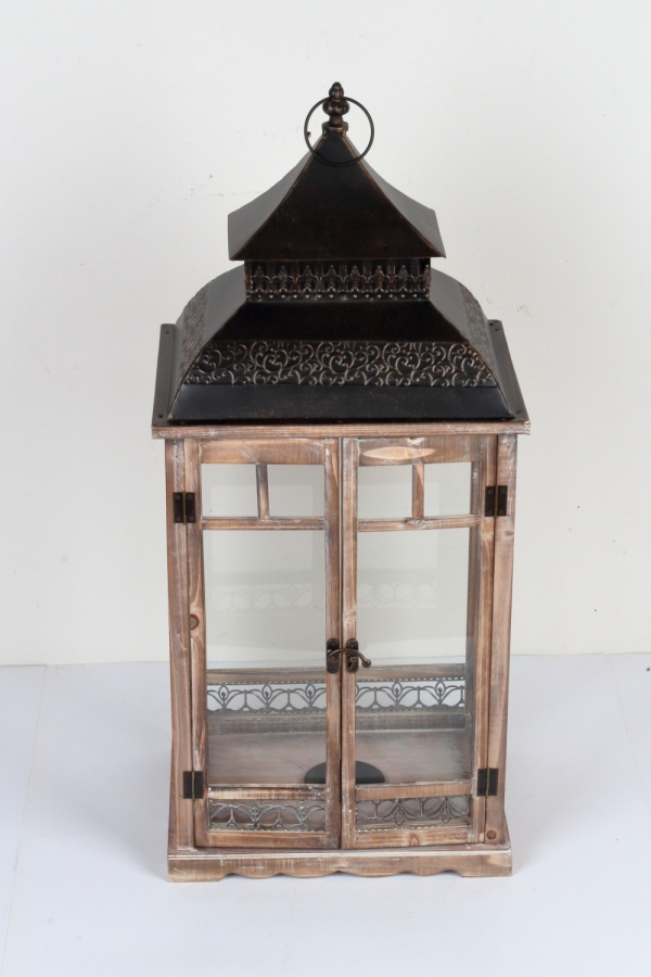 Dřevěná lucerna tmavě hnědá s kovovu stříškou 86cm