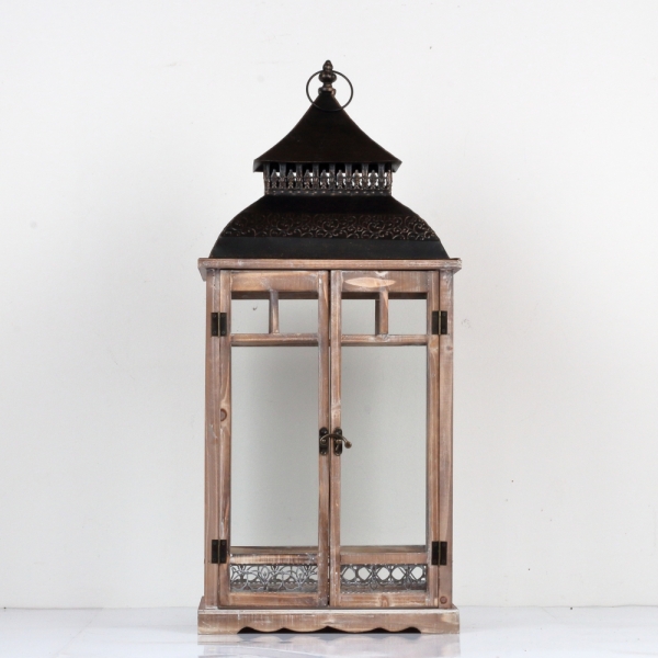 Dřevěná lucerna tmavě hnědá s kovovu stříškou 86cm